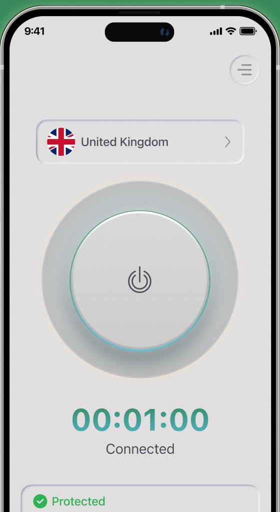 Connection screen with country selector and session timer