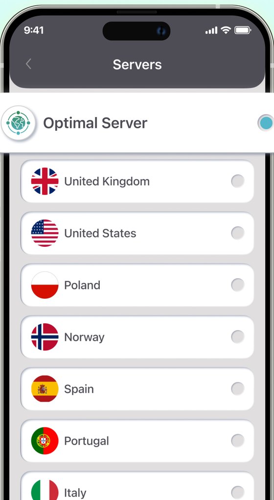 Server list with countries and an optimal server option